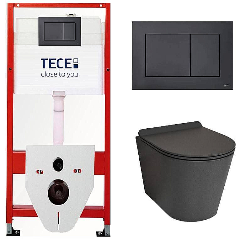 Унитаз подвесной beWash Aldo с инсталляцией TECE 9400414+BKWHR101480 безободковый, с сиденьем микролифт, чёрный матовый/кнопка черная матовая купить в интернет-магазине Sanbest