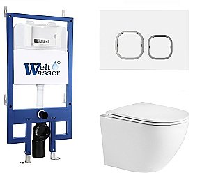 Унитаз подвесной WeltWasser BAMBERG 545+MERZBACH 043 GL-WT+BAMBERG WT белый глянцевый, безободковый, с крышкой микролифт, слив-торнадо, с инсталляцией и белой кнопкой купить в интернет-магазине Sanbest