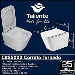 Унитаз подвесной Taliente Correto Tornado 3 CR55003 безободковый, смыв торнадо, с крышкой микролифт, белый купить в интернет-магазине Sanbest