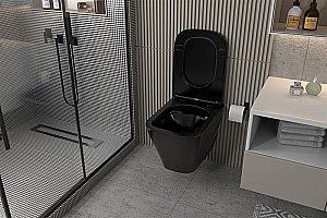 Унитаз подвесной Abber Rechteck AC1201MB-AC0105-AC0120NG черный матовый, безободковый, с инсталляцией, с крышкой микролифт, с кнопкой никель купить в интернет-магазине Sanbest