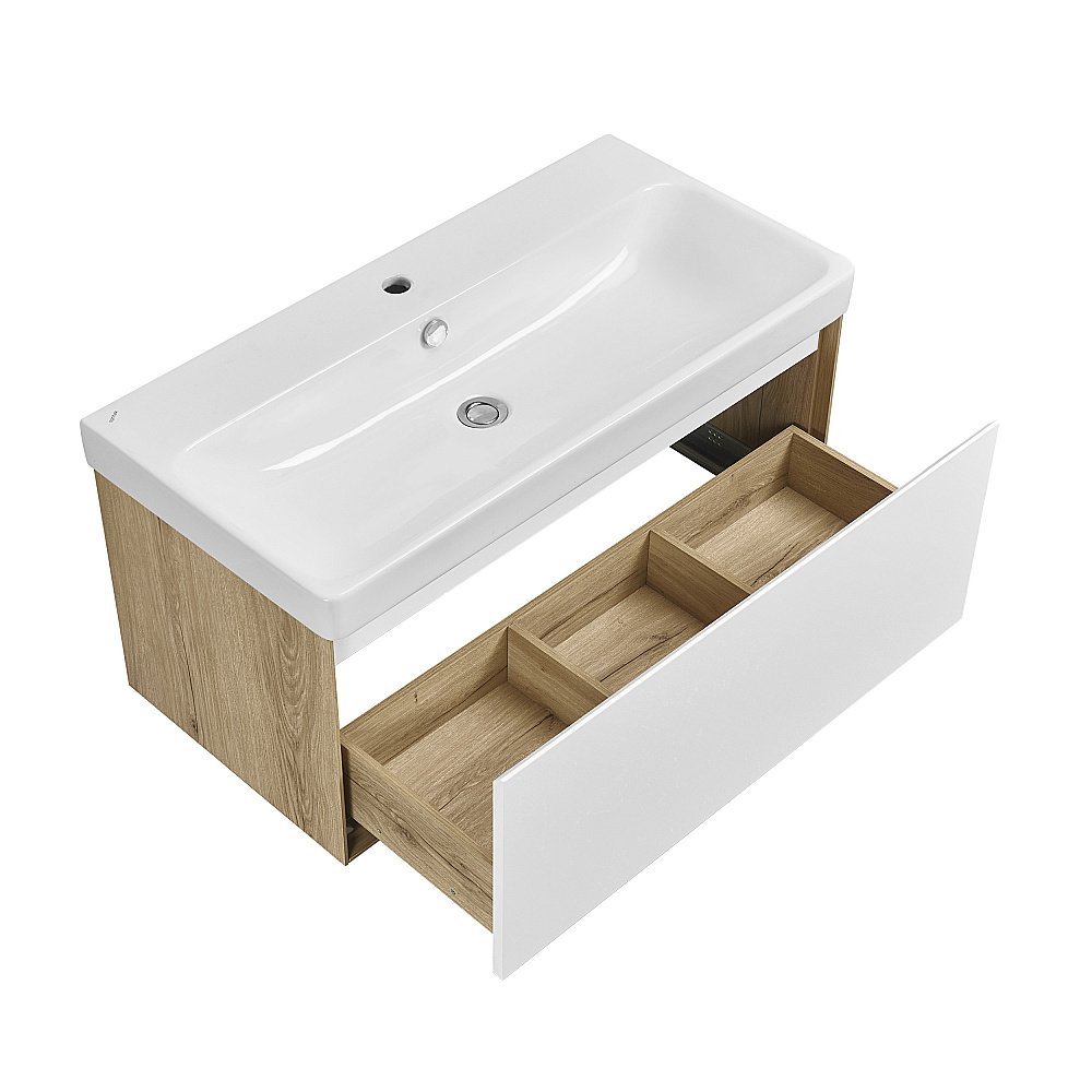 Тумба с раковиной Акватон Либерти 90 дуб эльвезия/белый глянец для ванной в интернет-магазине Sanbest