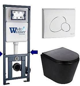 Унитаз подвесной WeltWasser MARBERG 410 + SALZBACH 043 MT-BL + MAR 410 RD GL-WT черный матовый, безободковый, с крышкой микролифт, слив торнадо, с инсталляцией и белой глянцевой кнопкой купить в интернет-магазине Sanbest