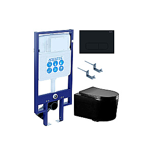 Унитаз подвесной Aquatek МИЯ AQ2004-MB+INS-0000020+KDI-0000017+KKI-0000002 черный матовый, безободковый, с крышкой микролифт, с инсталляцией, с черной матовой кнопкой купить в интернет-магазине Sanbest
