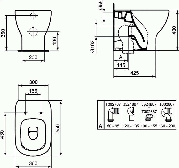 Унитаз приставной Ideal Standard TESI T0077V3 черный матовый, безободковый купить в интернет-магазине Sanbest